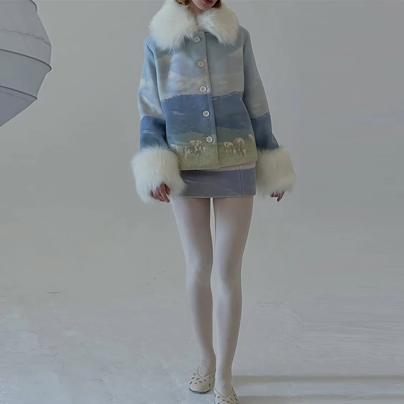 Bedruckte Kunstpelz-Patchwork-Wollkurzmäntel für Damen, Street-Style, Reverskragen, Langarm, Lose Jacke, Herbst-Winter, Schicke Damen-Oberbekleidung, Neuheiten – Detail 13