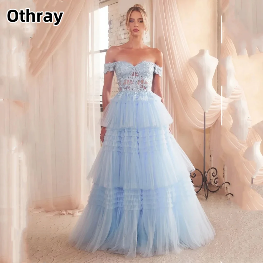 

Othray Lace Appliqué Prom Dress Ruffled Tulle Multi-layer Evening Dresses Sexy Off-the-shoulder Formal Dresses Party Dress