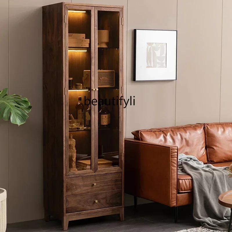 

ltLight luxury black walnut wine cabinet, living room against the wall storage locker, solid wood display TV side cabinet