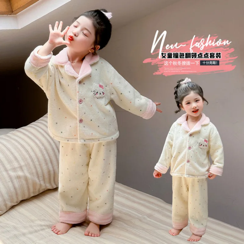 فتاة أنيمي الخريف/الشتاء بيجامة غير رسمية مجموعة الطفل الكرتون مرحبا كيتي الفانيلا سميكة منامة الأطفال المرجان المخملية ملابس المنزل #3