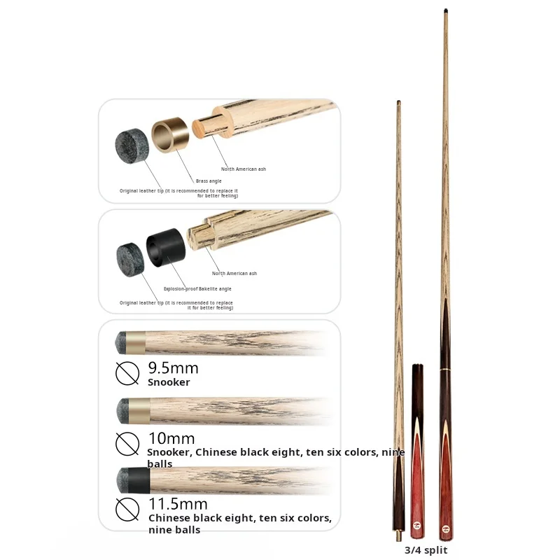 3/4 Split 57inch 9.5/10/11.5mm Billiard Snooker Cue North America Ash Wood Snooker Pool Cue