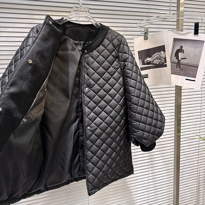 2025 winter new diamond grid pattern pressed cotton medium long loose cotton jacket women's solid simple round neck jacket