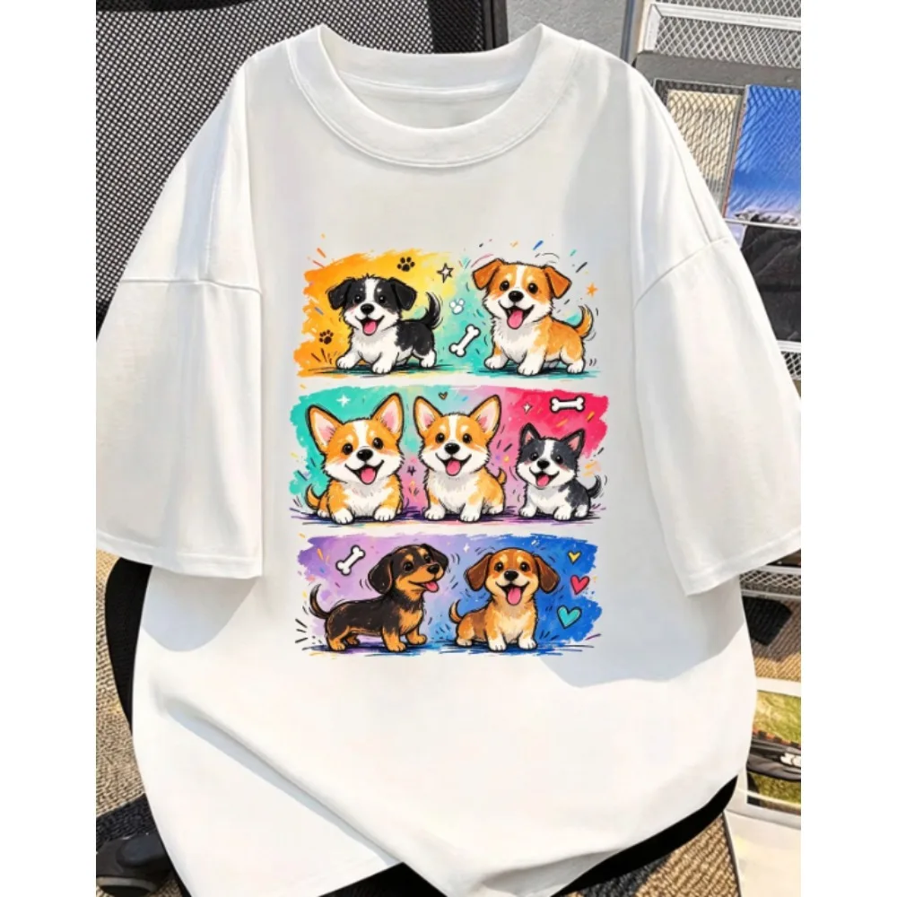 Women Oversized T-shirt Cute Hand Drawn Dog Graffiti Print Round Neck Short Sleeve Tee Summer Casual Streetwear Unisex Tops