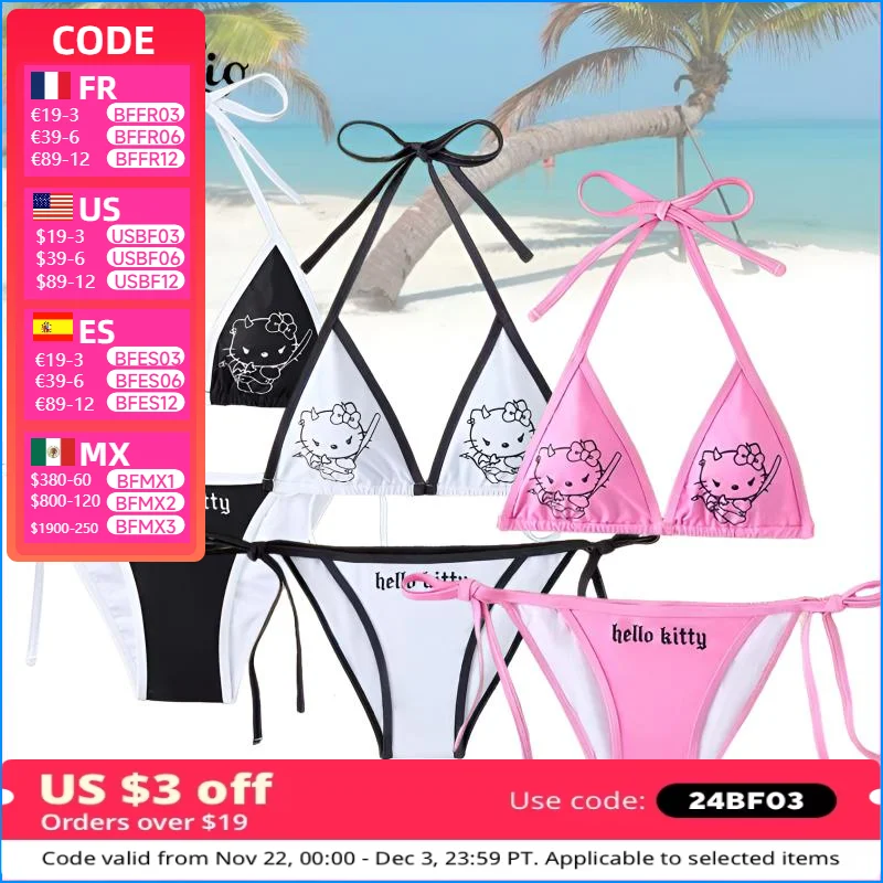 Hello Kitty Swimsuits Women Sexy Bikini Set Female Swimsuits 2Pcs Split Strap Adjustable Swimwear Swimming Summer Swimsuit