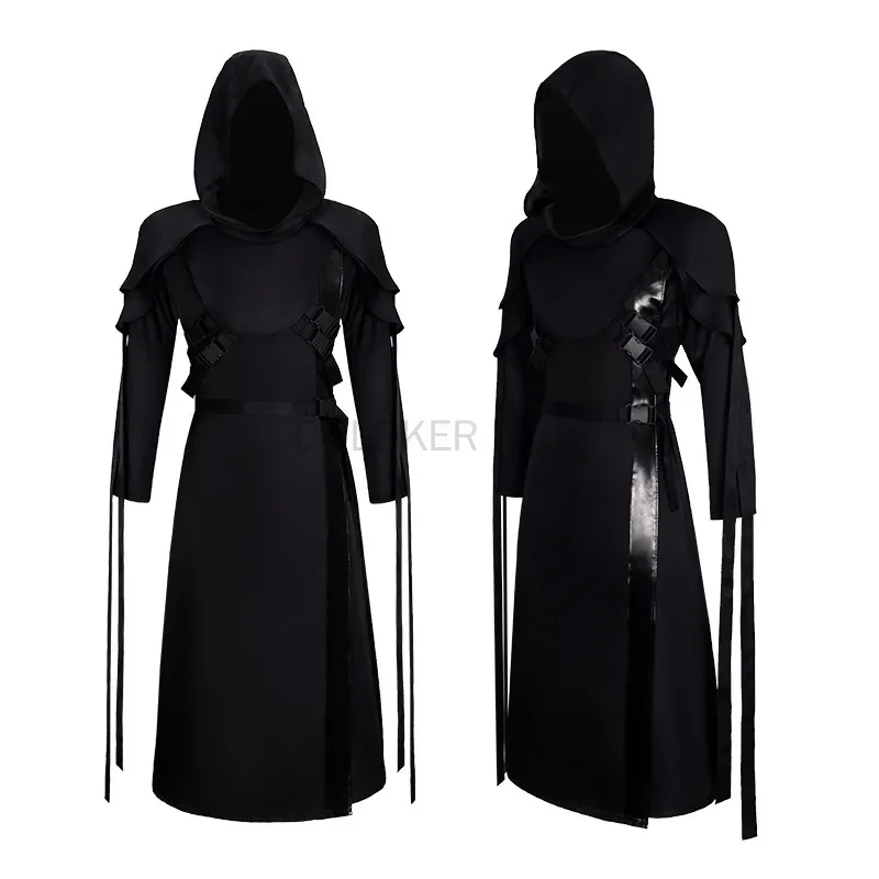 Halloween gótico preto com capuz robe vestido feminino masculino punk estilo escuro manga longa maxi vestido com alças cosplay festa outfit