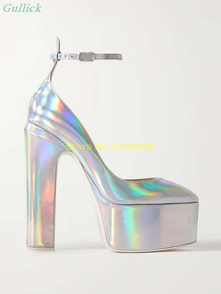 Silver Patent-leather Platform Pumps Block Heel Ankle Buckle Strap Super High Heel Solid Women Sandals Round Toe Concise Shoes