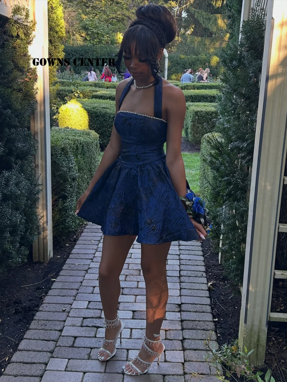 Navy Blue Vintage Halter Prom Dress Aso Ebi Fashion Robe De Soiree De Mariage Short Graduation Dresses Customized evening dres