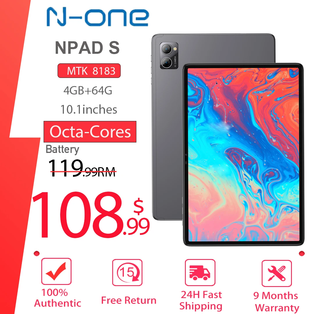 N-one NPad S Tablet PC 10.1''  Android 12 MT8183 8-Cores 6600mAh Battery 4GB RAM 64GB ROM 1280*800 FHD IPS Dual Wifi BT5.0