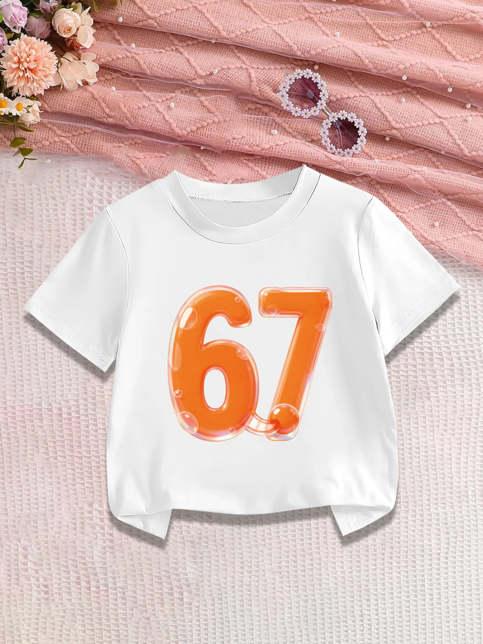 1 pieces: Cartoon Orange Balloon Number 67 Print Girls' Sweet Cute Summer Short-sleeve T-shirt