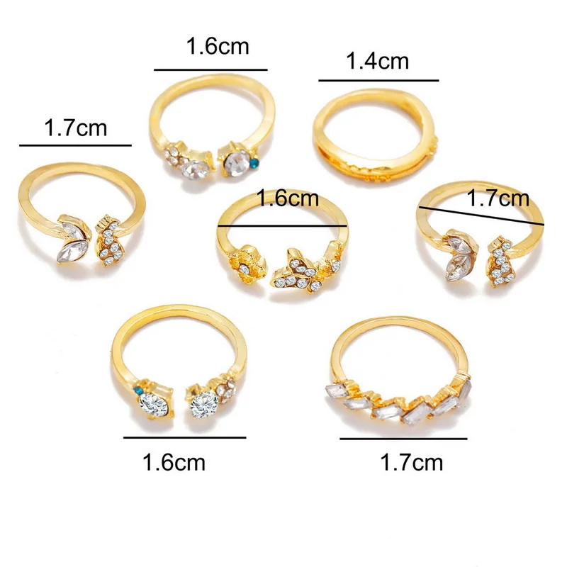 4Pcs/set Bohemian Ring Set for Women Crystal Zircon Leaf Butterfly Flower Wave Geometric Metal Knuckle Ring Jewelry