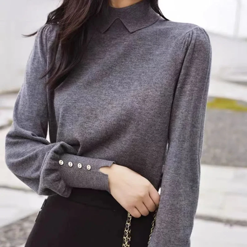 

Women Clothing Temperament Polo Neck Knitting Pullovers Top Autumn Winter New Button Long Sleeve Solid Sweaters Elegant Fashion