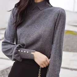 Women Clothing Temperament Polo Neck Knitting Pullovers Top Autumn Winter New Button Long Sleeve Solid Sweaters Elegant Fashion