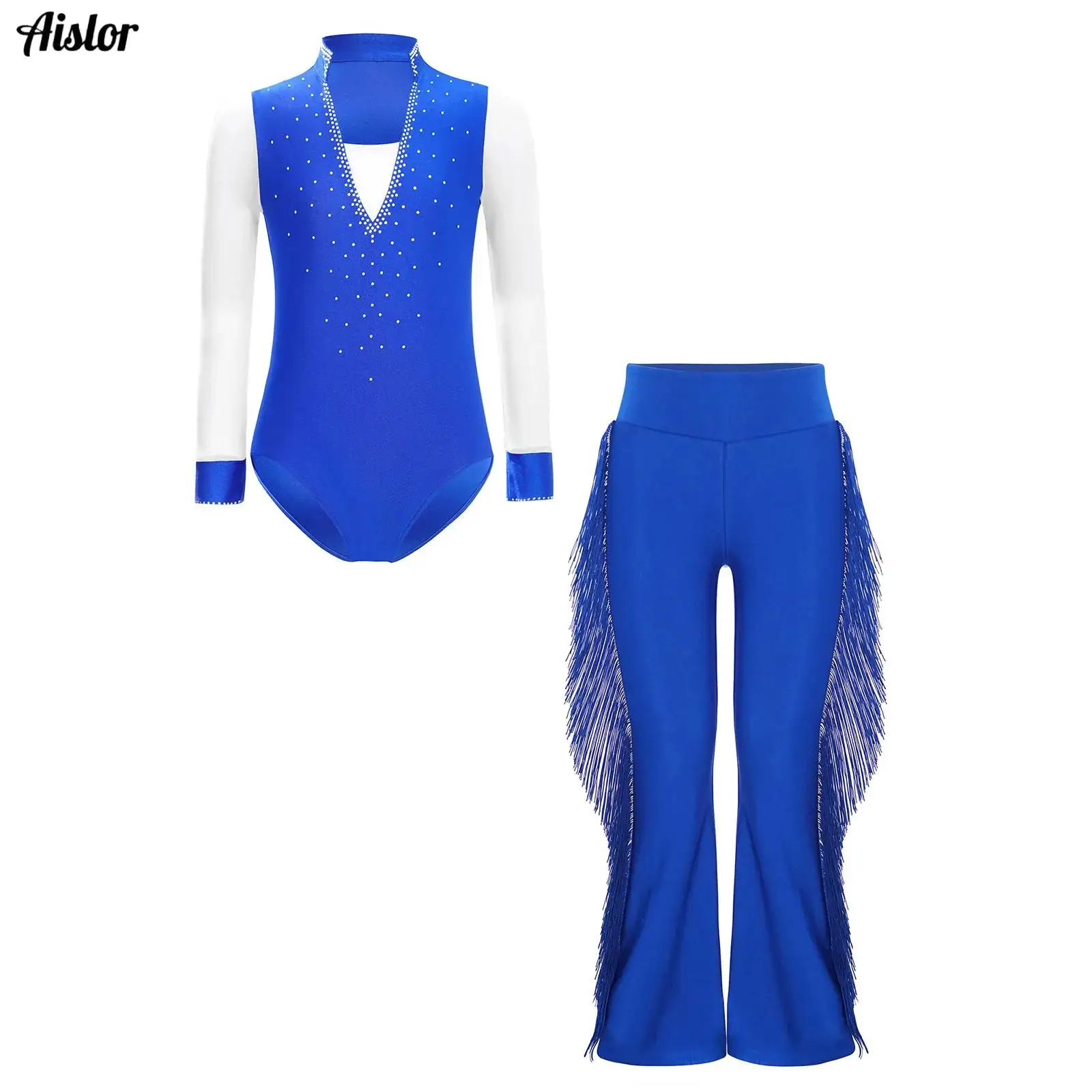 

Kids Boys Figure Skating Latin Ballroom Dance Costume Sheer Mesh Long Sleeve Shiny Rhinestones Leotard+Tassels Bell-Bottom Pants