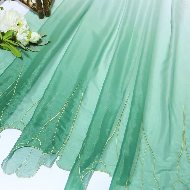 150x50cm Chinese Classical Style Printed Green Leaf Chiffon Embroidery Fabric DIY Sewing Hanfu Dress Shirts Skirt Gradient Cloth