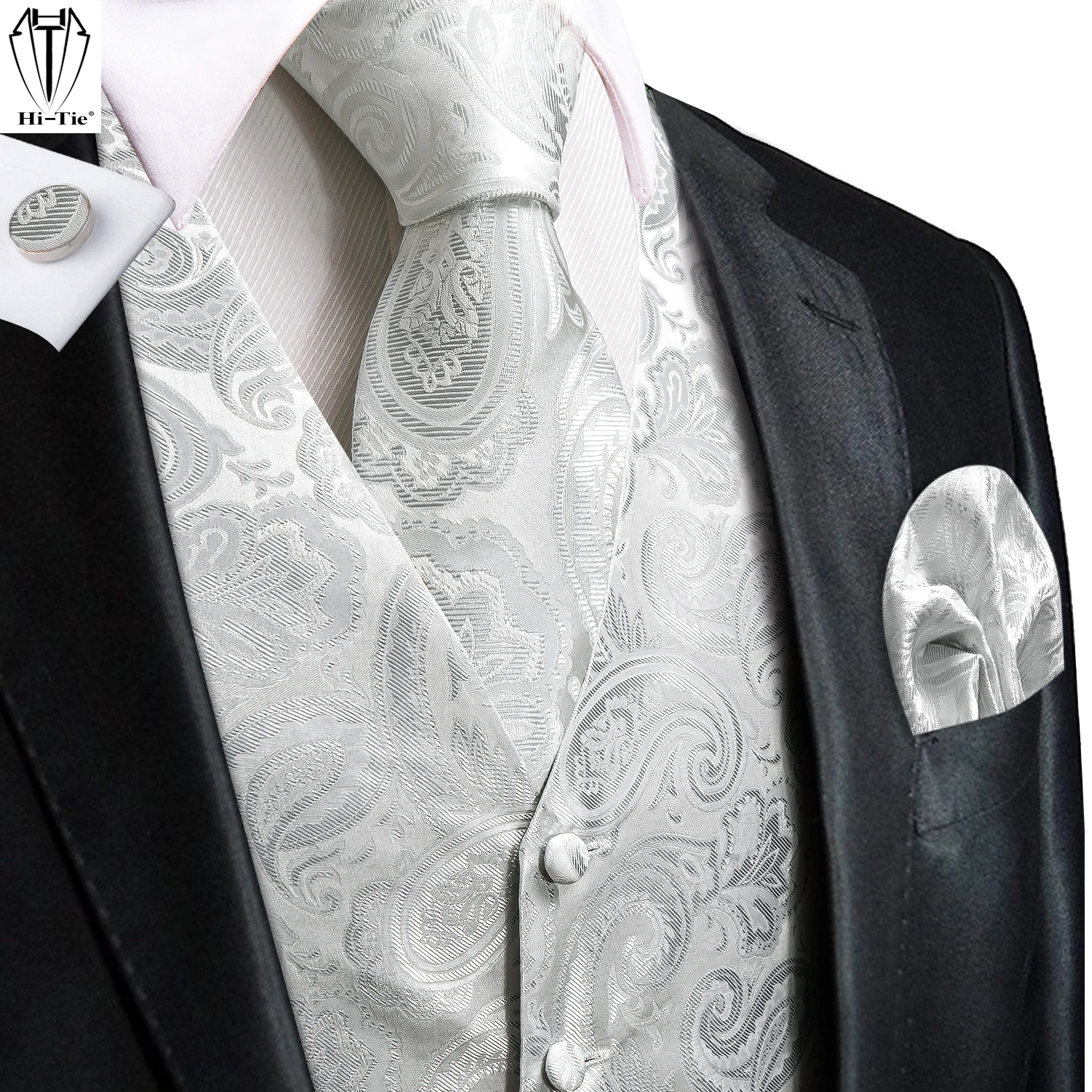 Hi-Tie White Silver Paisley Silk Mens Vest Tie Set Jacquard Waistcoat Sleeveless Jacket Necktie Hanky Cufflinks Wedding Business