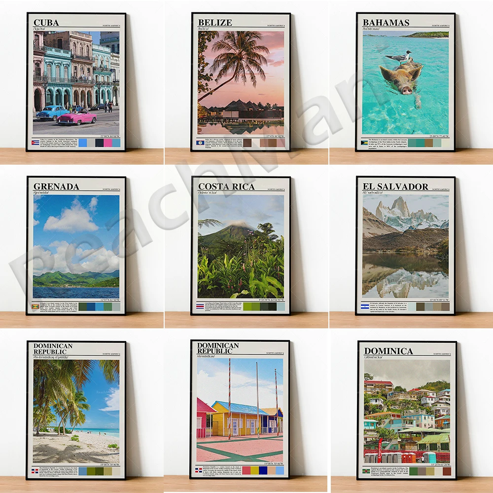 

Bahamas, Cuba, Costa Rica, Dominica, Dominican Republic, El Salvador, Grenada travel poster, beach art, city wall art,