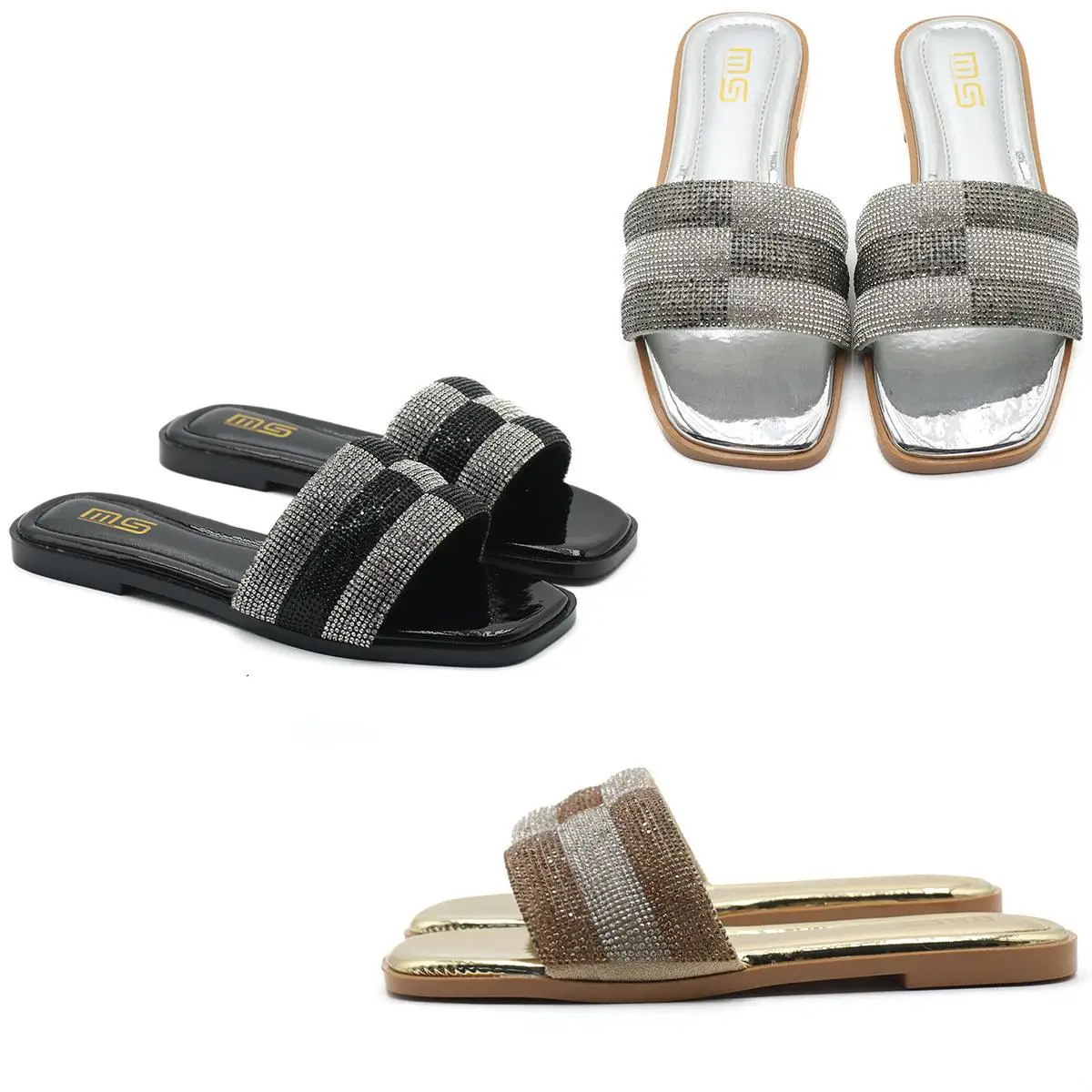 

Rhinestone Slippers Women's Sandals Summer 2025 Fashion Square Toe Slides Flat Sandals Luxury Outdoor Sea Beach Party Trip