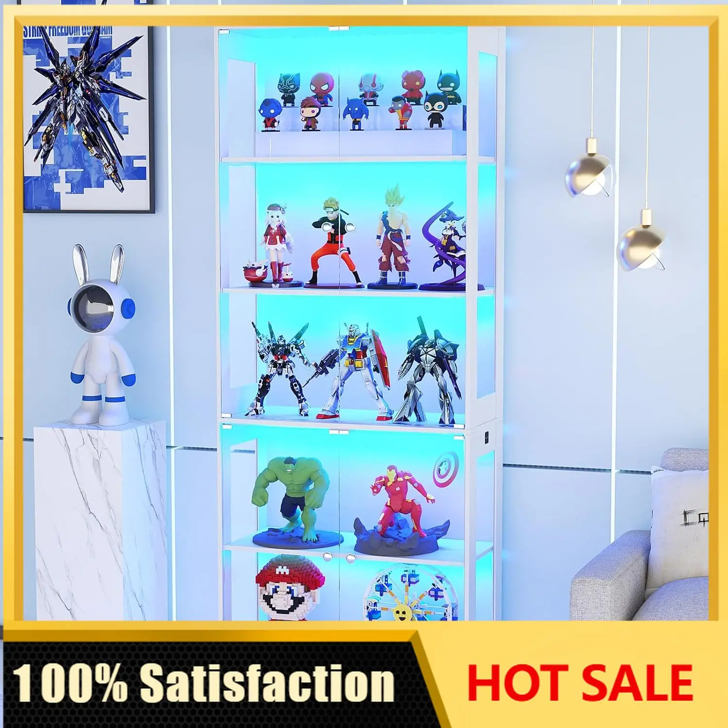 80'' Display Cabinet with Glass Door 5-Tier Display Case | Human Body Sensor, 3 Color LED Lighting, Curio Cabinet for Collectibl