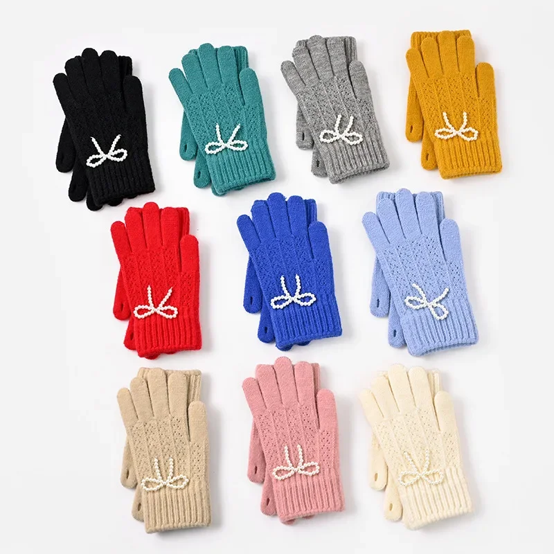 Guanti lavorati a maglia con fiocco di perle Guanti da donna con dita intere caldi alla moda color caramello Accessori da ciclismo Guanti da donna touch screen Nuovo
