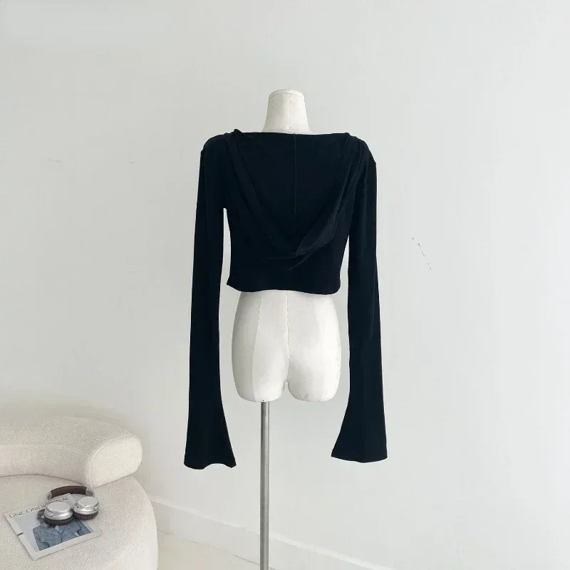 Gothic Black Tshirts for Women Y2k Crop Tops Shirts 2024 Summer Hooded Long Sleeve Tees Korean Fashion Casual Sexy T Shirt New