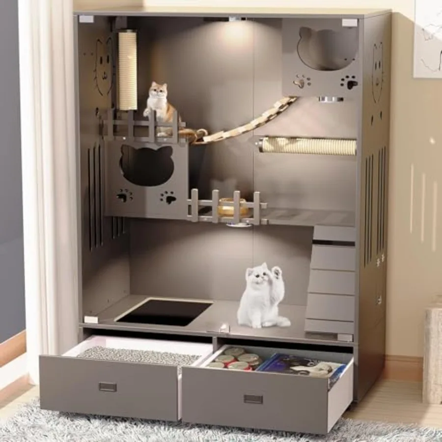 

Большой деревянный кошачий домик для дома с выдвижным лотком для туалета и колесами, многофункциональная закрытая клетка-вилла класса люкс для кошек, вентилируемая