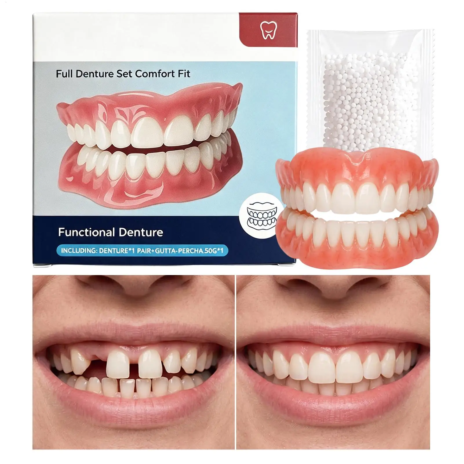 Moldable Full Upper & Lower Denture Kit, Realistic DIY False Teeth Set with Soft Resin, Custom Fit Comfort for Daily Use, Travel