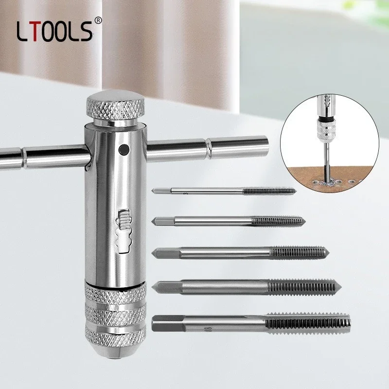 

Adjustable T-Handle Ratchet Tap Holder Wrench with 5pcs M3-M8 Machine Screw Thread Metric Plug T-shaped Tap Hand Screw Tap Tools