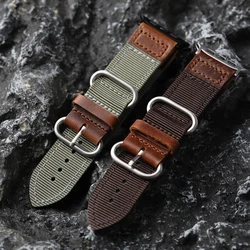 Double Layer Nylon Watchband For Apple Watch Iwatch Ultra2 S8 S9 49MM Brown For Leather Men Bracelet Vintage Style