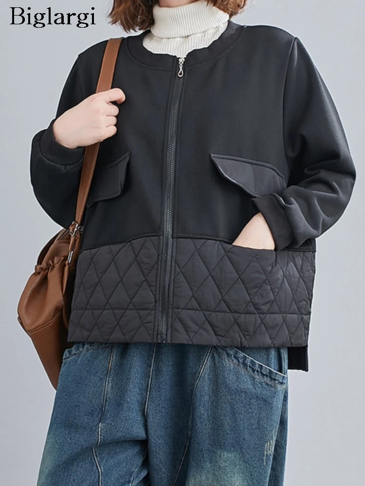 

Autumn Winter Coat Women Patchwork Fashion Casual Ladies Cropped Jackets Oversized Loose Long Sleeve Woman Coats