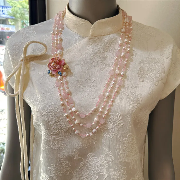 New Long Natural Pink Crystal Baroque Pearls With Detachable Brooch Necklace