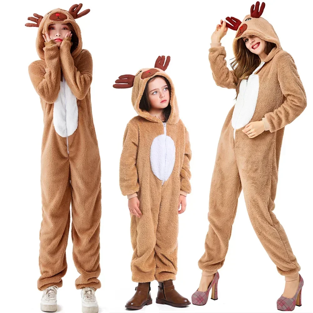 Cute Reindeer Animal Parent-Child Costume Christmas Elk Cosplay Hooded Jumpsuit For Women & Girl Coral Fleece Khaki Sleepwear