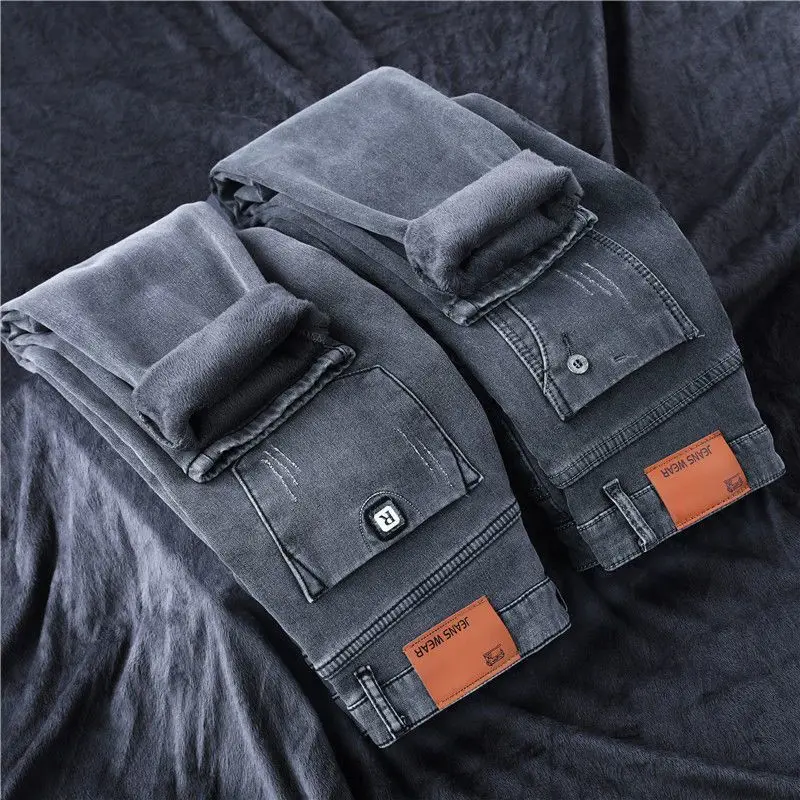 Open Crotch Outdoor Sex Men Warm Jeans Winter New Thick Velvet Slim Fit Business Casual Pants Classic Elastic Cotton Denim Pants