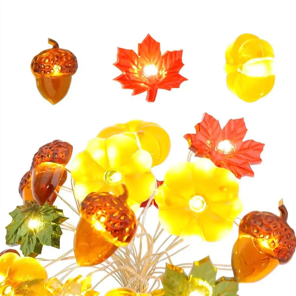 Thanksgiving Decoration Fairy String Lights Pumpkin Maple Leaf Turkey Copper Wire Lamp For Fall Harvest Seasonal Home Decor
