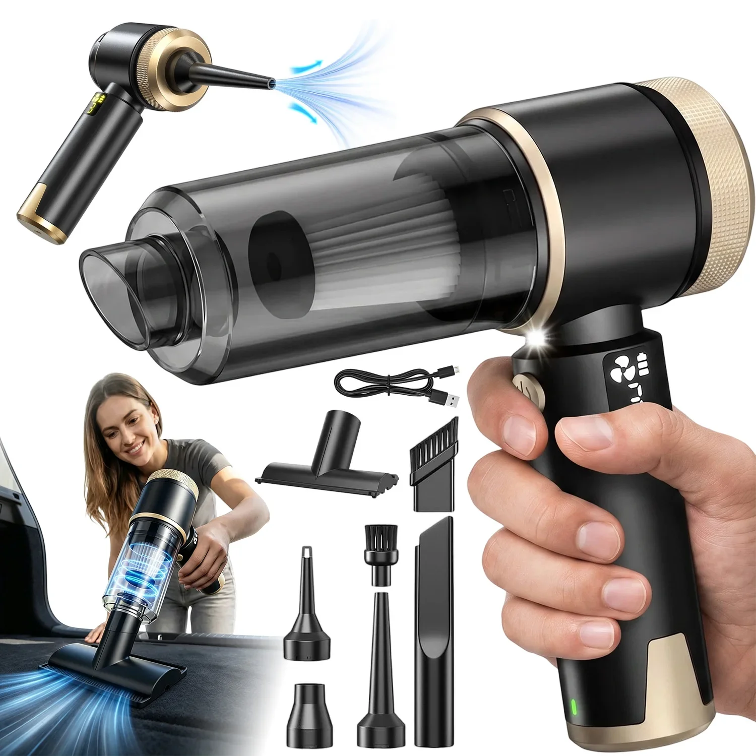 Aspiradora de mano inalámbrica de 22000 Pa, con motor sin escobillas de 6000 mAh, 2 en 1: aspiradora y soplador de aire, con pantalla