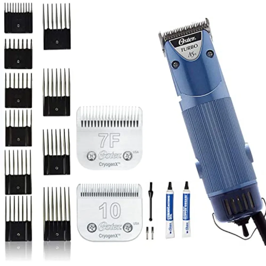 

Oster A5 Dual Speed Grooming Clipper with Detachable Cryogen-X Blades #10 and #7F 7 Piece Universal Combs Guides Set