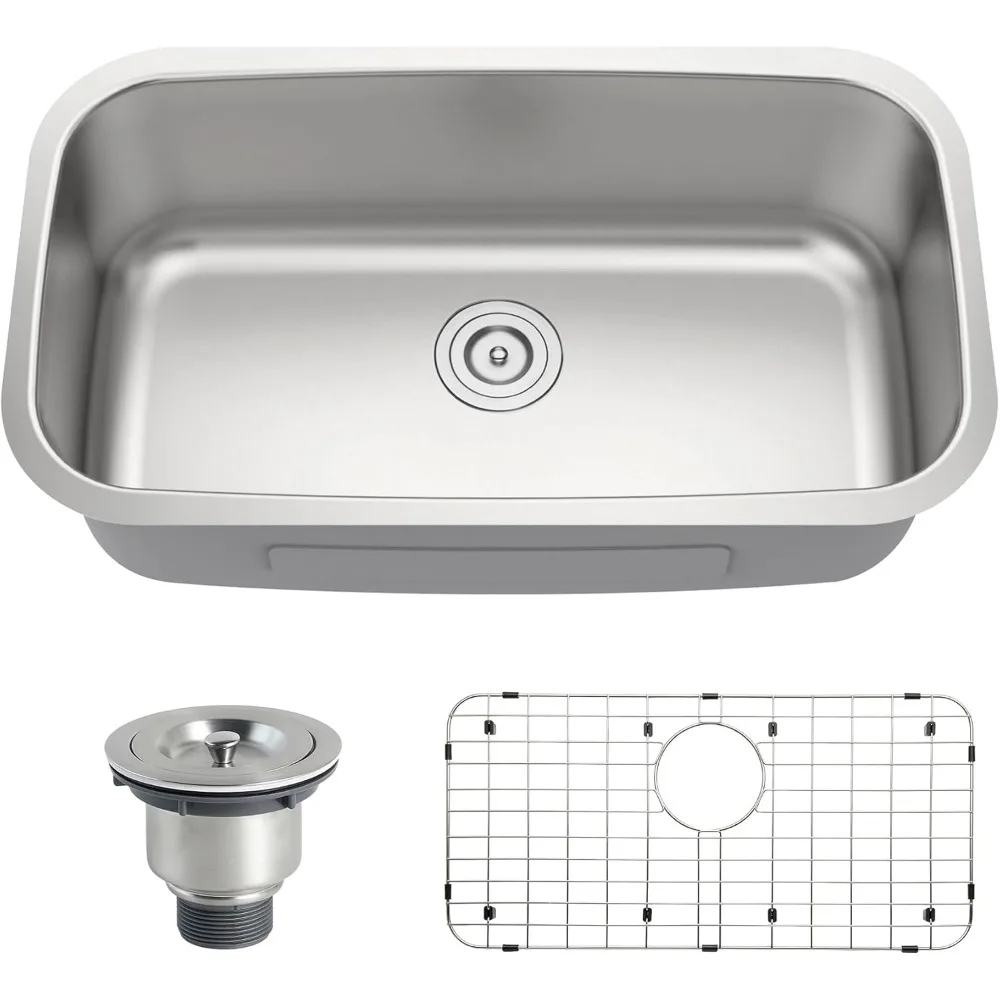 حوض مطبخ سفلي 18 مقياس من الفولاذ المقاوم للصدأ وعاء واحد واسع على شكل منحني زاوية مستديرة أحواض عميقة مع سلة S #2