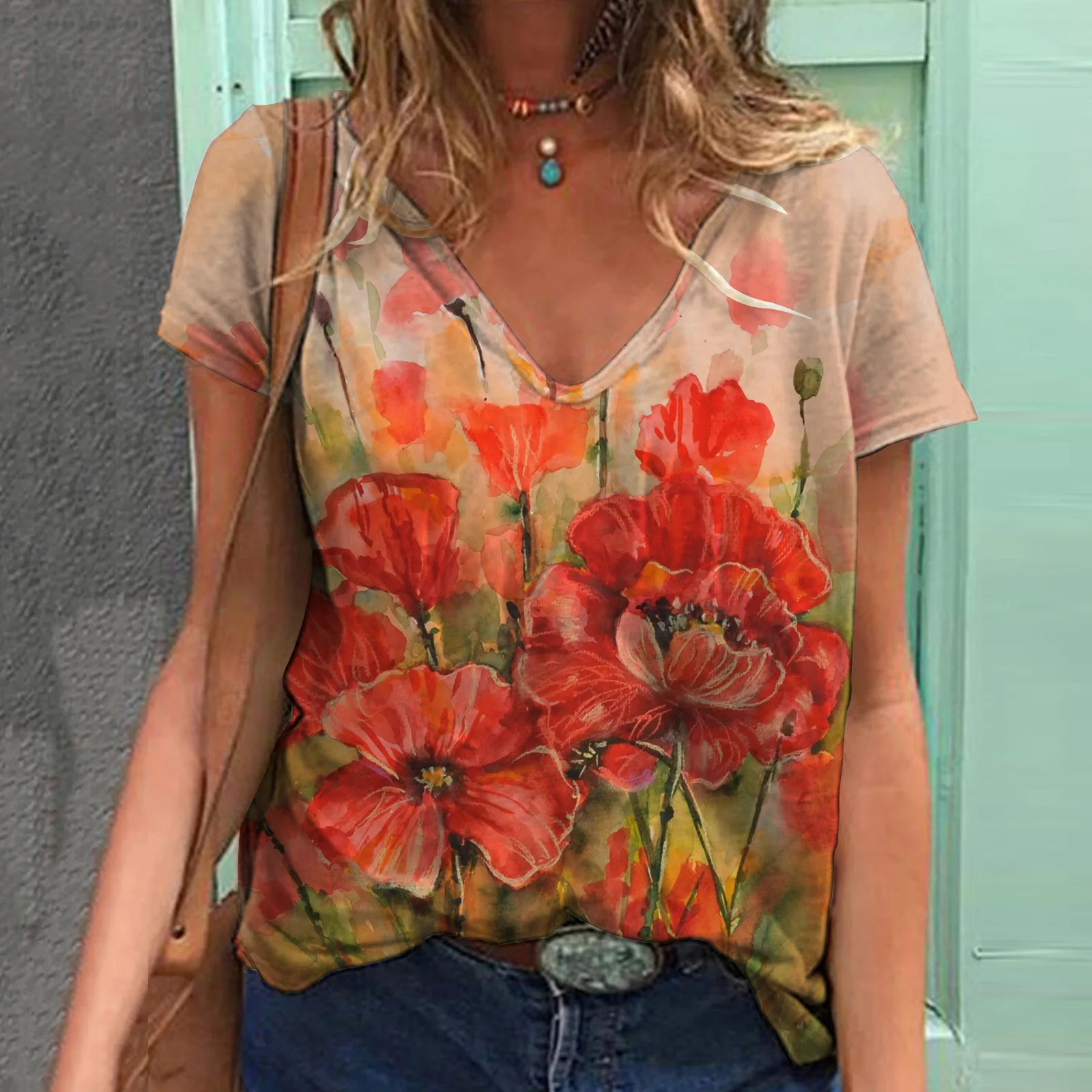 Artistic Hydrangea Print V Neck T Shirt For Women Summer Casual Daily Street Style Vacation Boho Outfit Wear Timeless