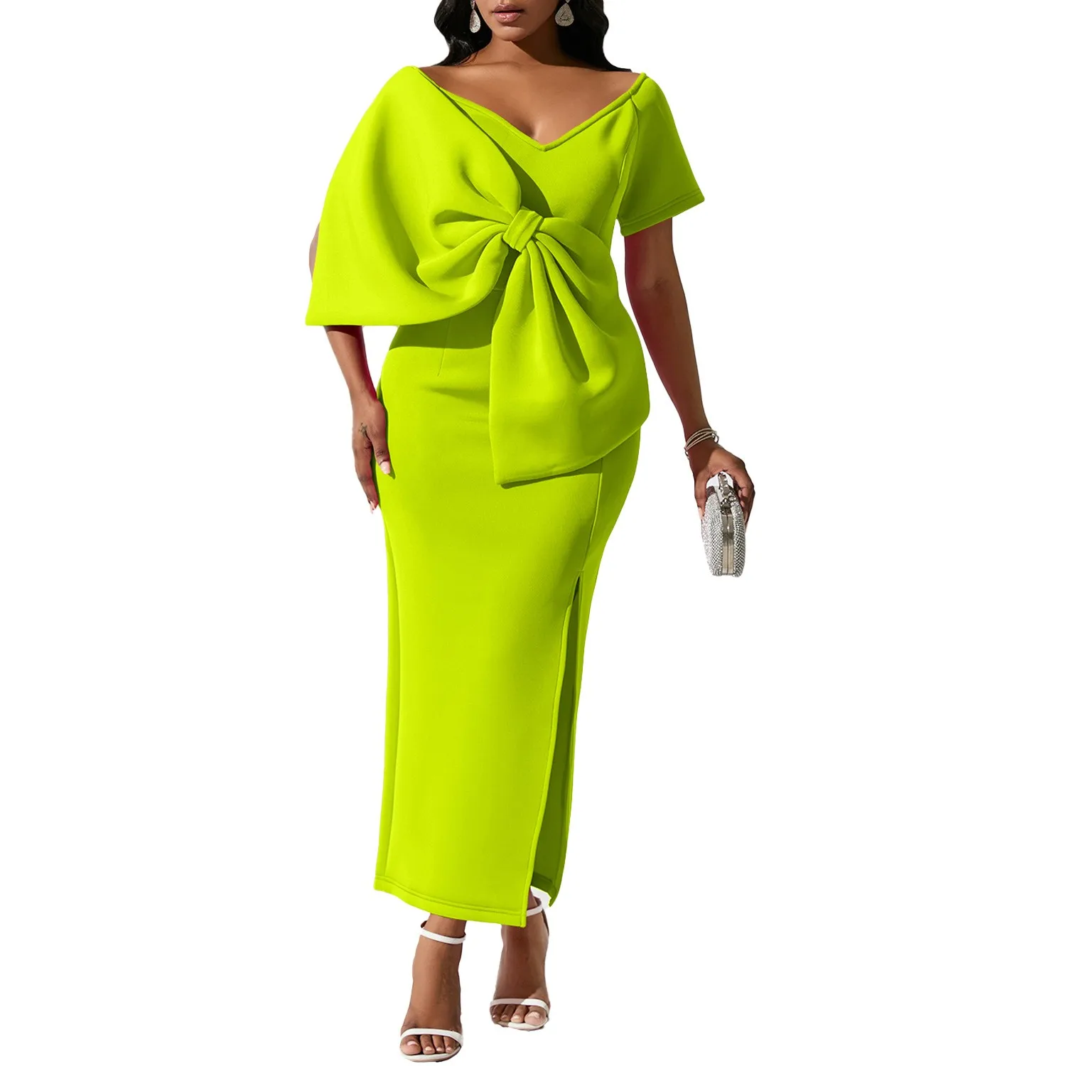 

Wedding Guest Dress Prom Party Long Slit Pencil V Neck High Waist Bow Zipper Elegant Evening Dress Solid Color Bow Detail Midi