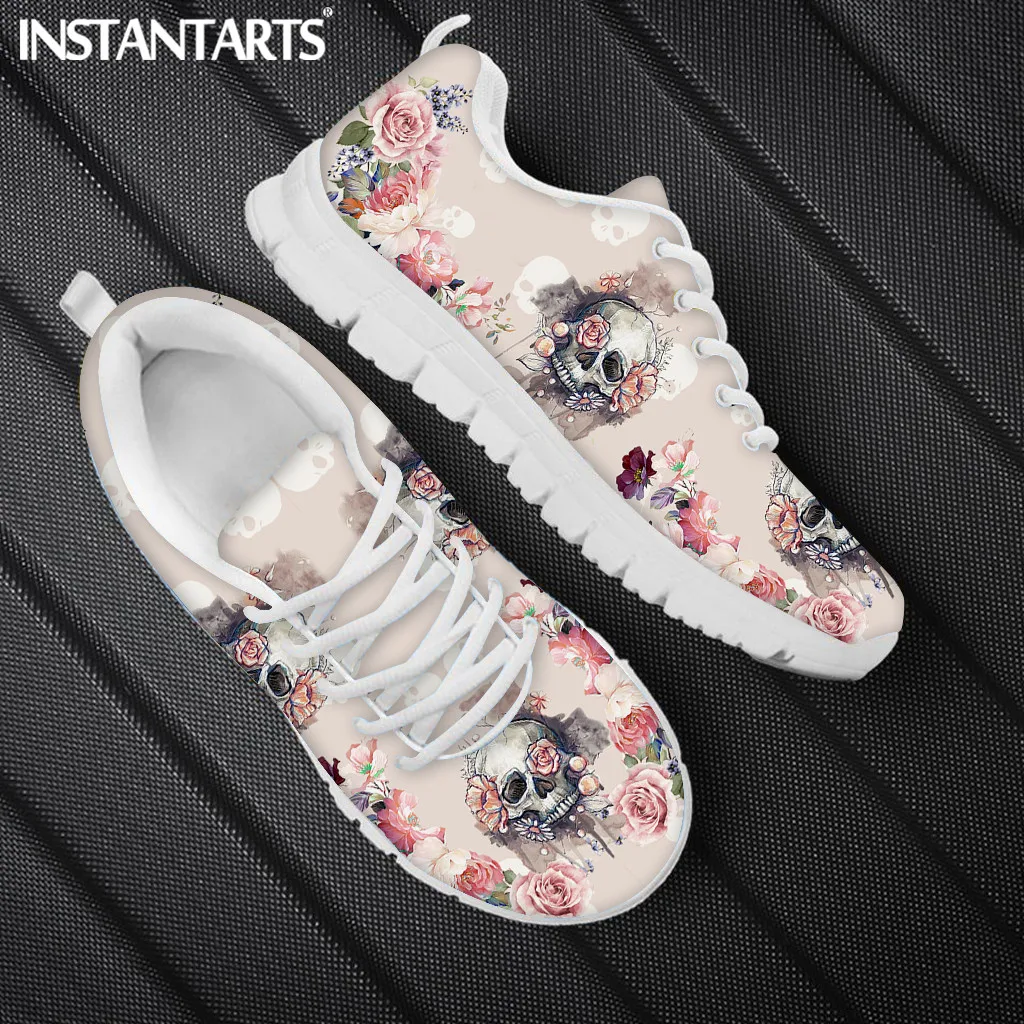INSTANTARTS Spring Leisure Sneakers for Ladies Sugar Skull Pattern Gothic Flats Lace Up Shoes Comfort Air Mesh Footwear Zapatos