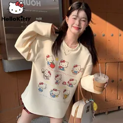 Sanrio Hello Kitty American Style Loose Long Sleeved T-shirt Women New Round Neck Cotton Top Simple Design Casual Versatile Tees