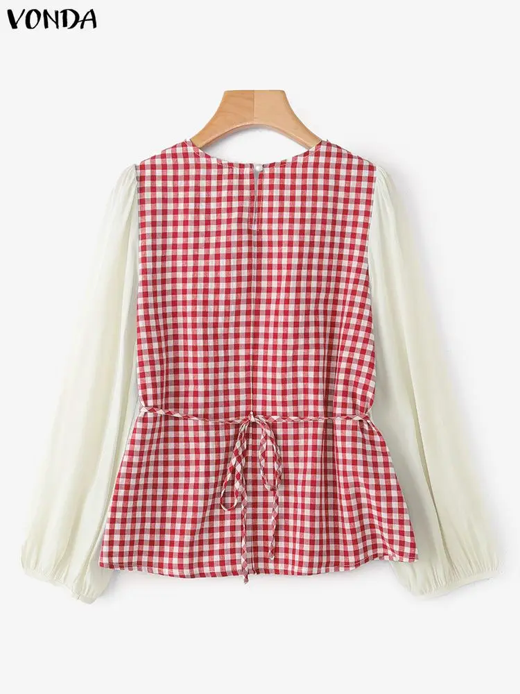 VONDA Modne Bluzki Damskie z Długim Rękawem w Kratę, Jesień 2025, Okrągły Dekolt, Eleganckie Koszule Biurowe w Stylu Koreańskim, Bluzka