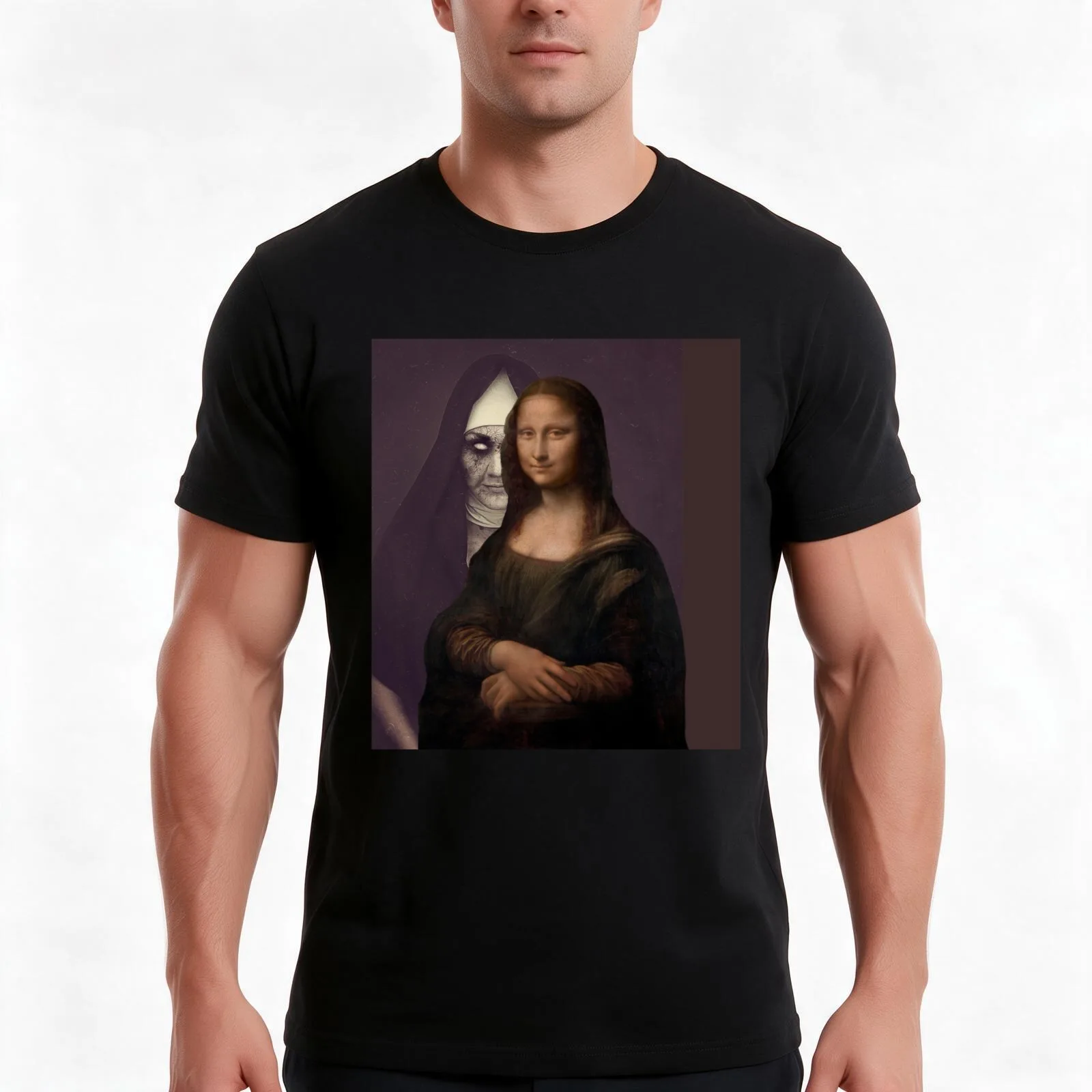 Funny Mona Lisa Art with Funny Background Horror Scary Nun Stickers, Wall art, Mona Lisa at the Beach Leonardo da Vinci' T-Shirt