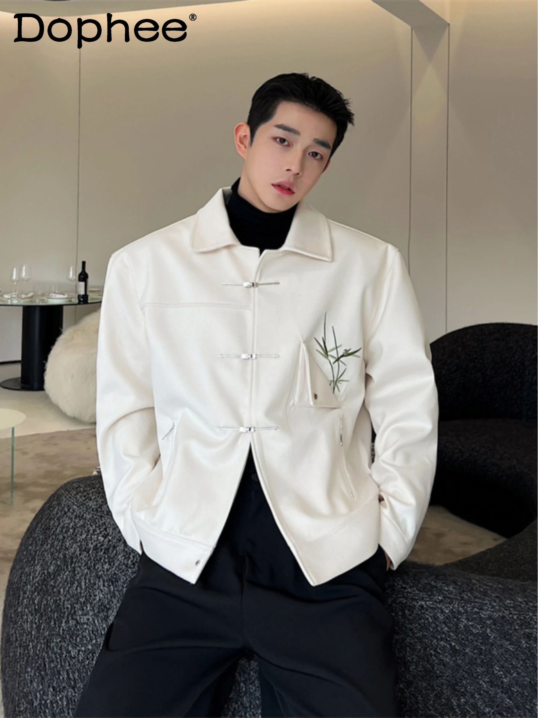 

Autumn Winter New Bamboo Embroidery Jacket Men's High-End Metal Buckle Decoration Loose Comfortable Lapels Long Sleeve Jacket