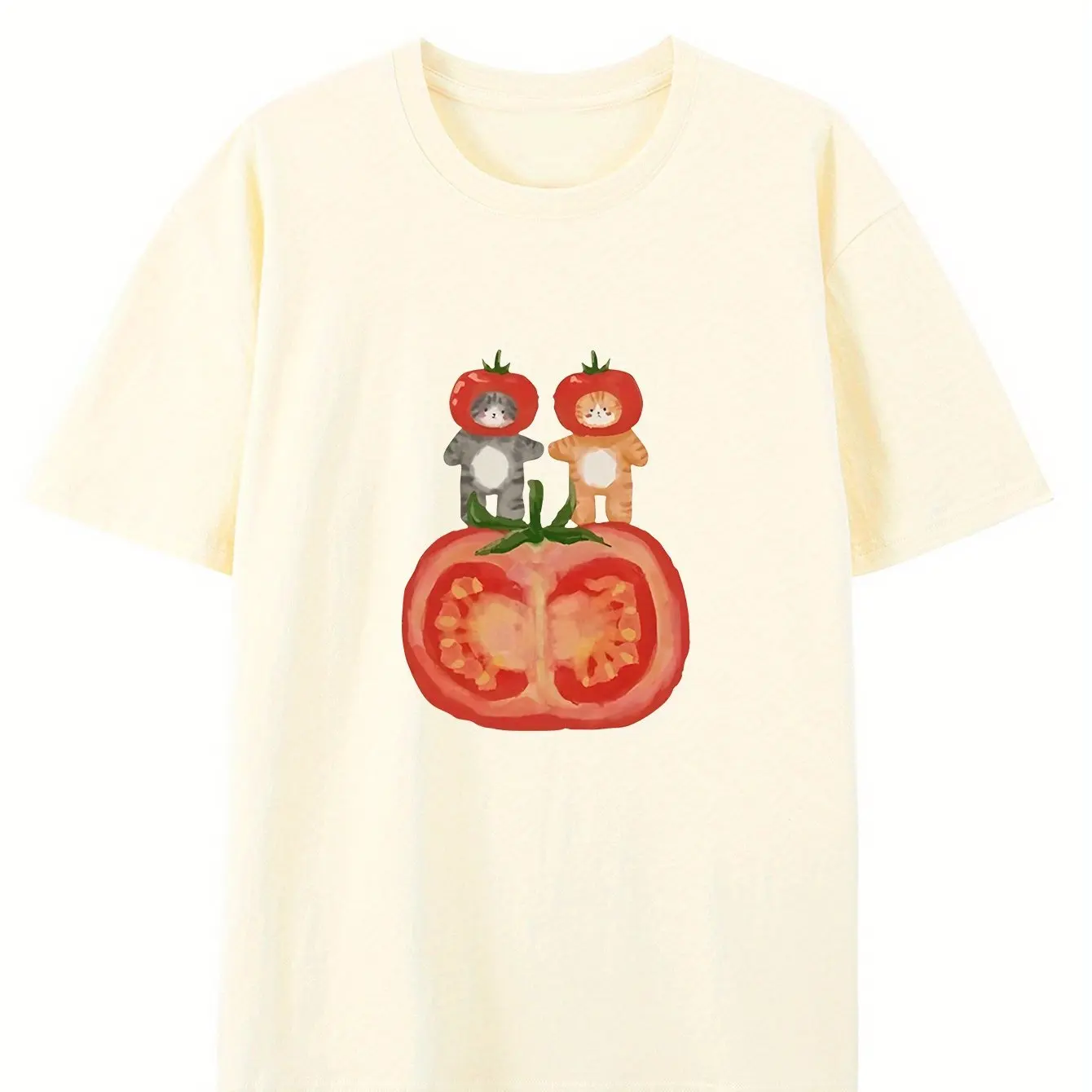 Zomer Dames Grillige Beer & Tomaat Cartoon Grafisch Bedrukt T-shirt Katoen Casual T-shirt met korte mouwen Ronde hals Paar Top
