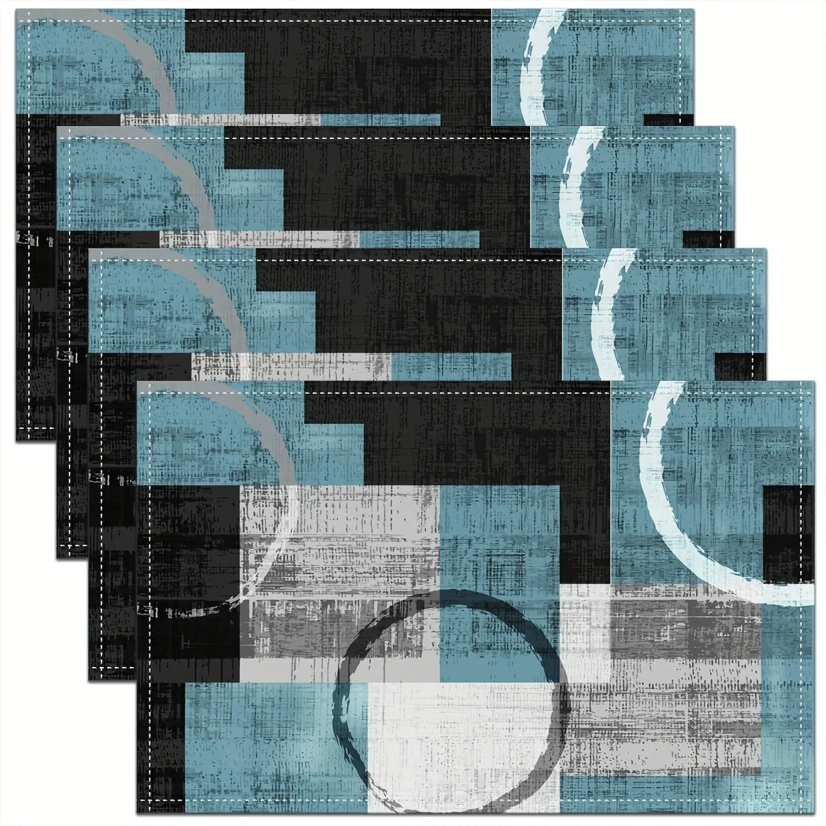 4pcs Modern Tie-Dye Checkered Placemats - Watercolor Teal, Gray, White Grid Kitchen Mats with Geometric Circles & Abstract Desig