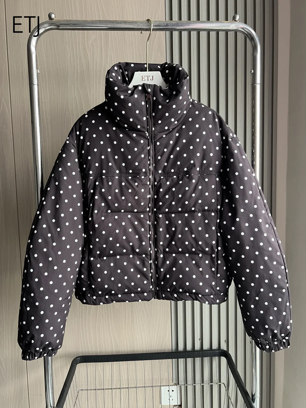 ETJ 2026 Women Polka Dot Cropped Puffer Jacket Stand Collar Padded Coat Short Parka Winter Warm Brown