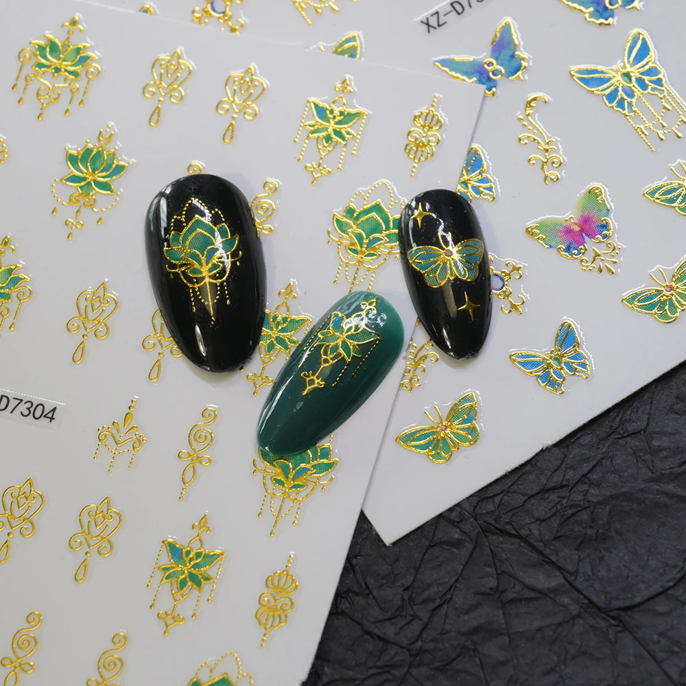 1 stks 5D Bronzing Kwastje Vlinder Nail Art Stickers Retro Lotus, Vouwventilator Zelfklevende Nail Decals Kwasten Charme Manicure Decor 1 &
