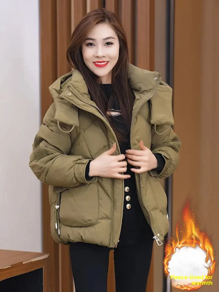 เสื้อโค้ทผู้หญิงแบบมีซับใน ทรงหลวม อุ่นสบาย บุขนเป็ด แขนยาว ผ้าฝ้าย สำหรับฤดูหนาว สไตล์เกาหลี