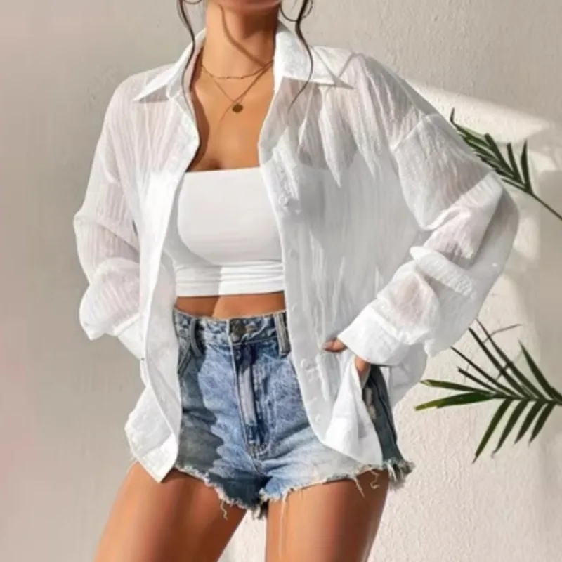 

Женские белые блузки: летняя модная элегантная полупрозрачная рубашка в полоску, повседневная свободная рубашка, классический топ с пуговицами, устойчивыми к потускнению, женская уличная одежда