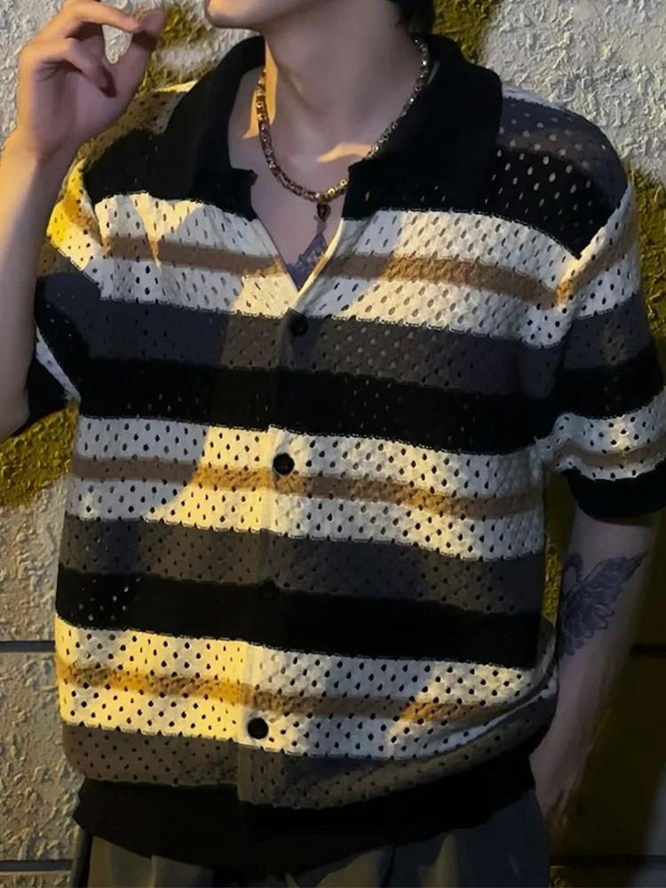 

Ice Silk Knitting Shirts Mens 2025 Summer New Casual Striped Knit Cardigan Tops Men Clothing Vintage Buttoned Short Sleeve Shirt
